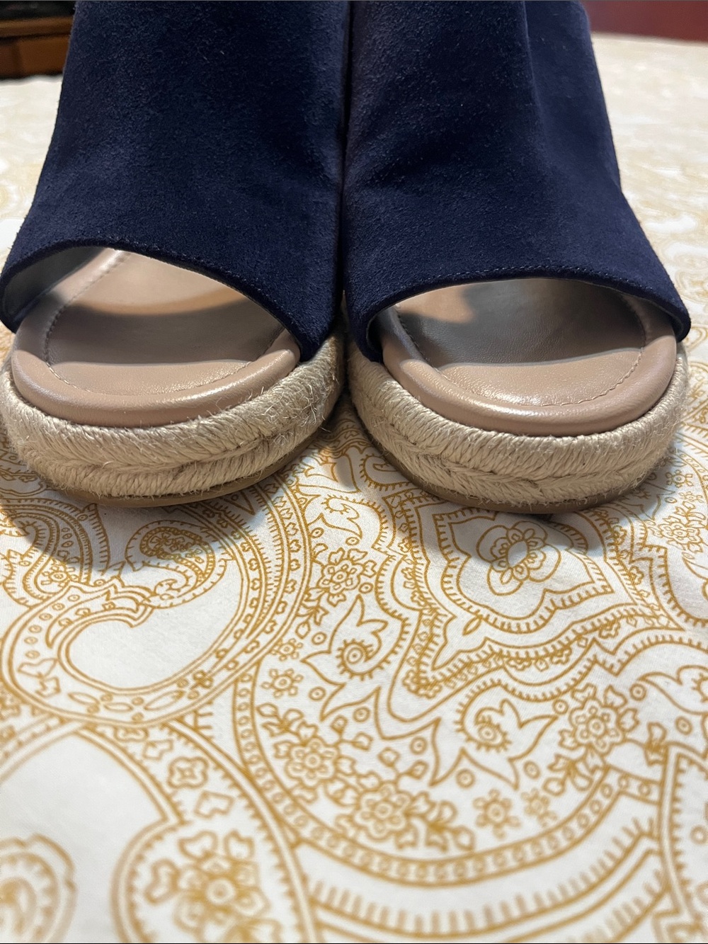 Stuart Weitzman Navy Suede Espadrille Slide Sandals with Tan Footbed - Picture 8 of 10